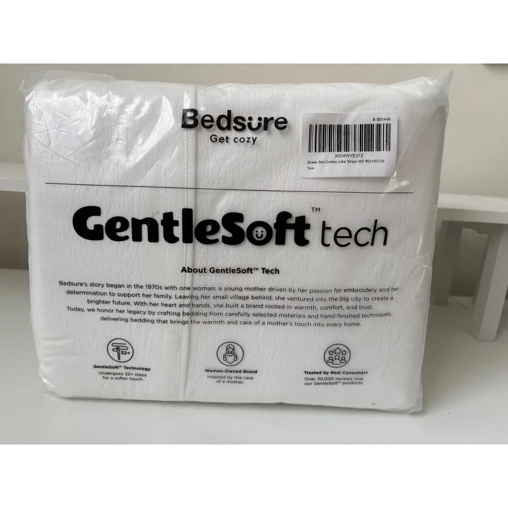 Bedsure GentleSoft Tech White Stripe Queen Sheet Set Cotton-Like 90x102 W2